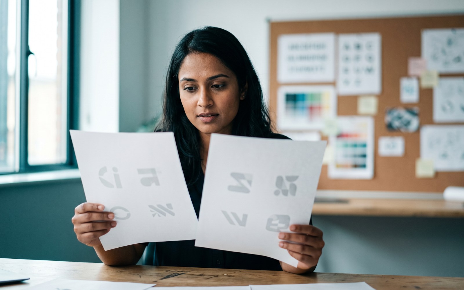 A designer comparing two printed logo sheets at a studio desk
