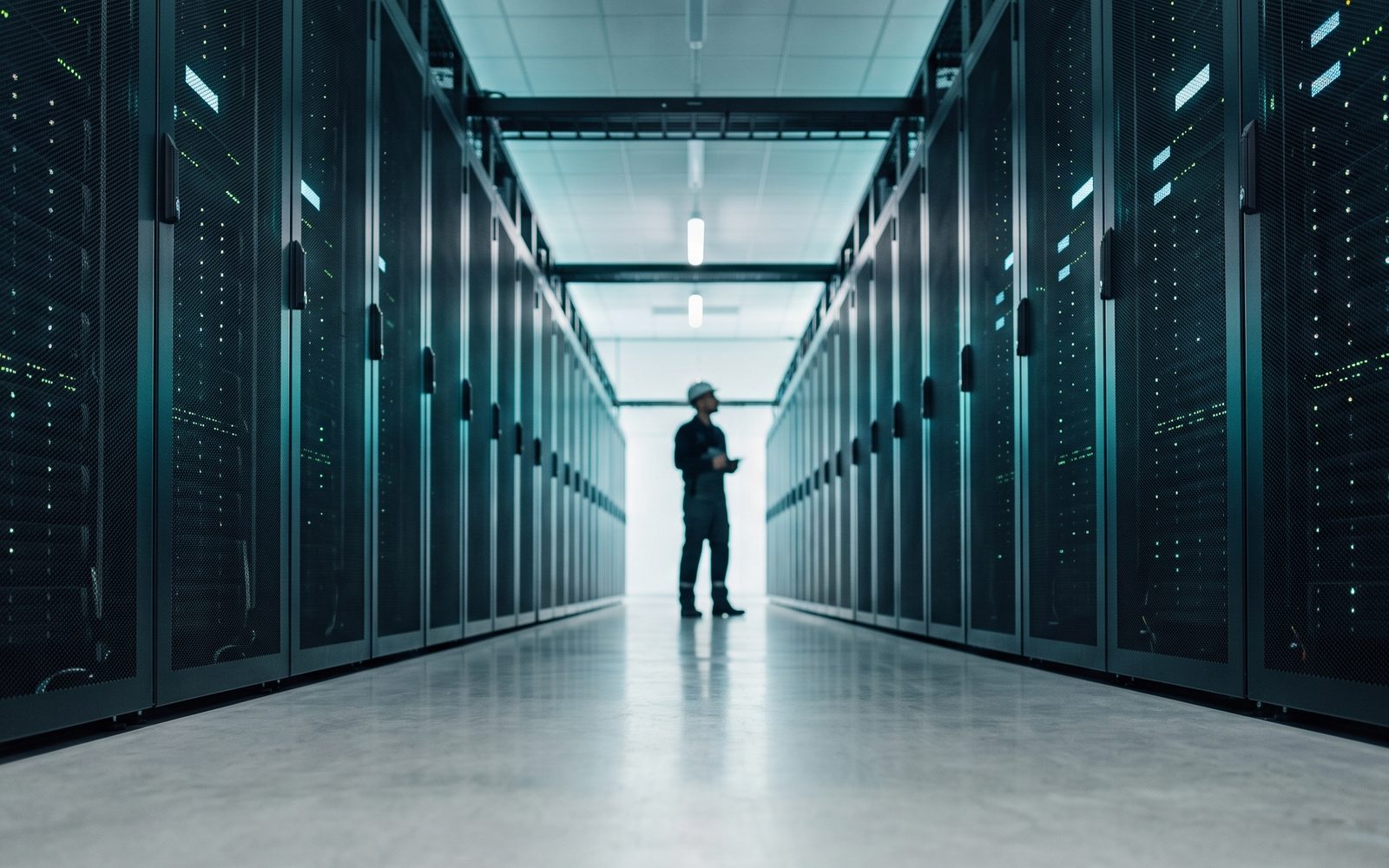 A long aisle of server racks in a data centre with an engineer at the far end
