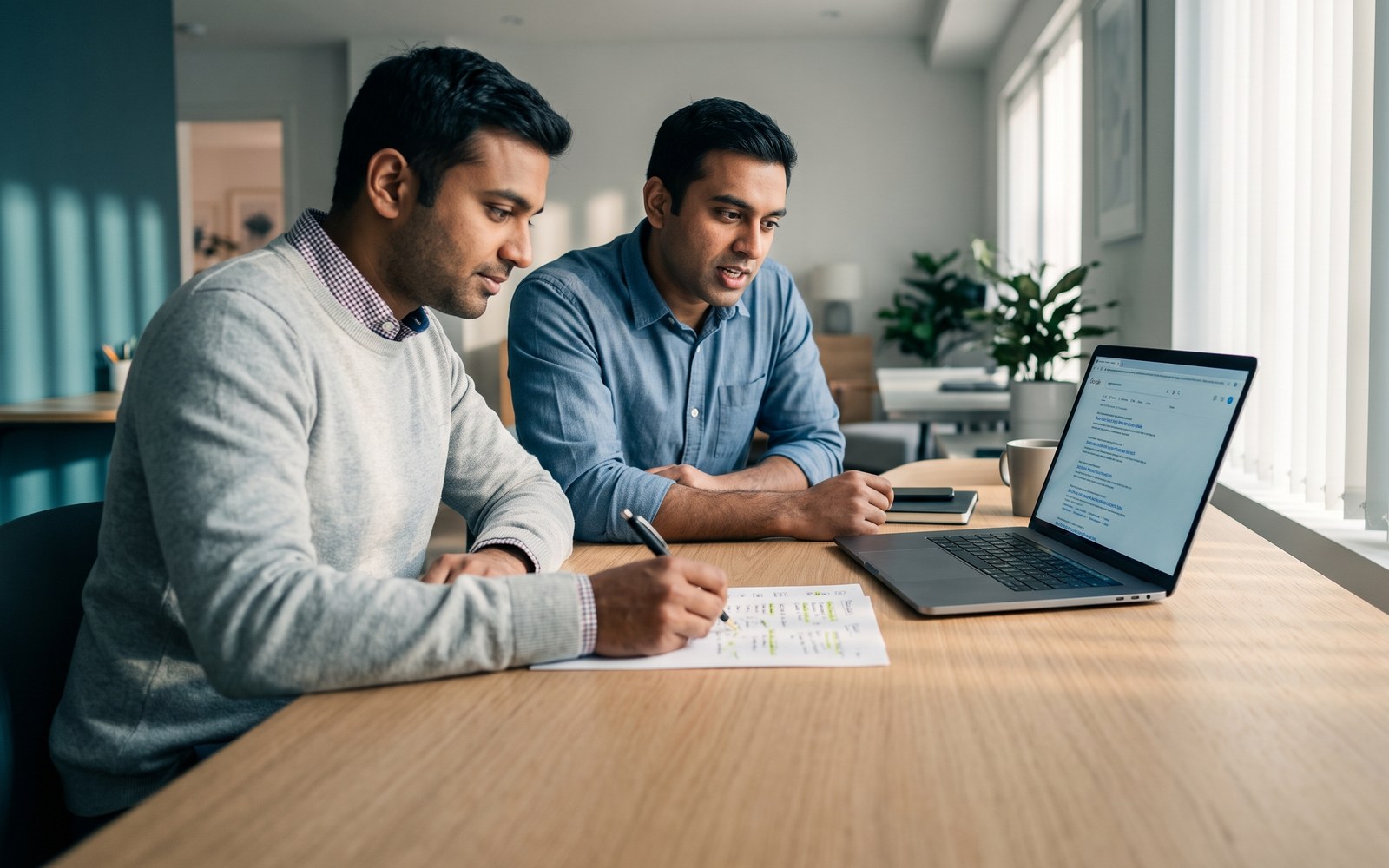 Two colleagues reviewing a search results page on a laptop with a marked-up keyword sheet