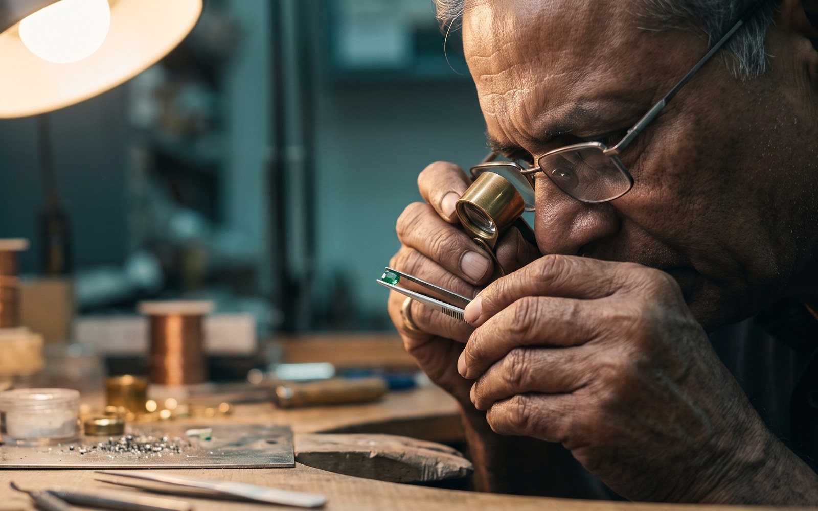 A jeweller examining a loose emerald through a loupe at a workbench