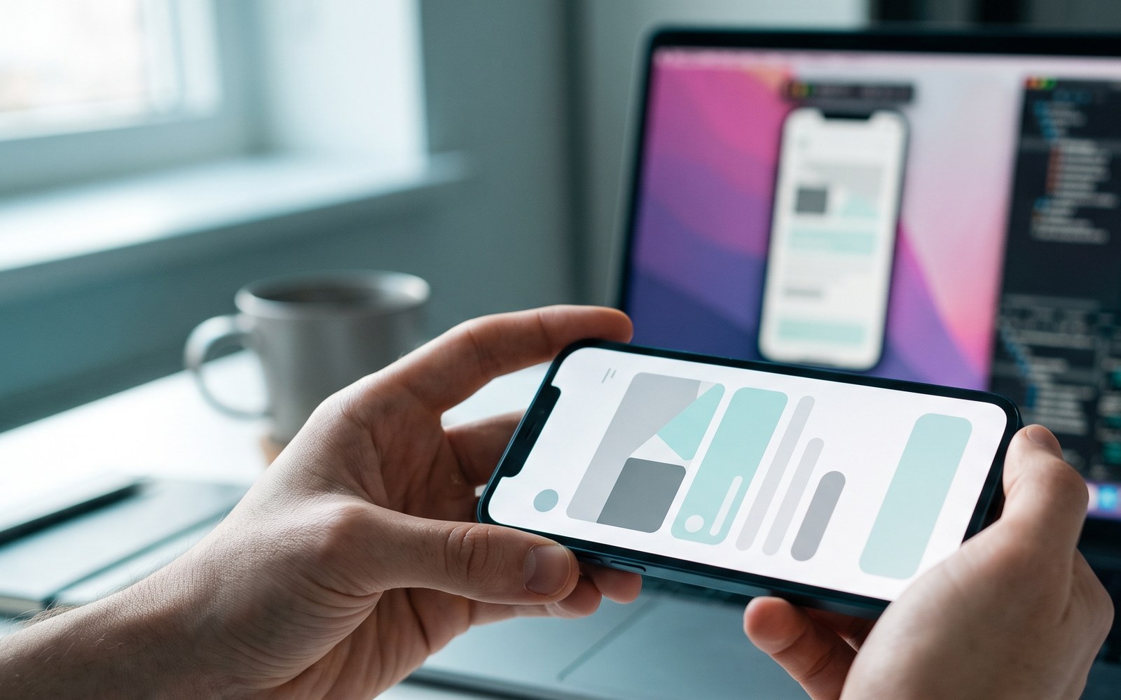 Hands holding a phone showing an app interface, a laptop behind running the same screen