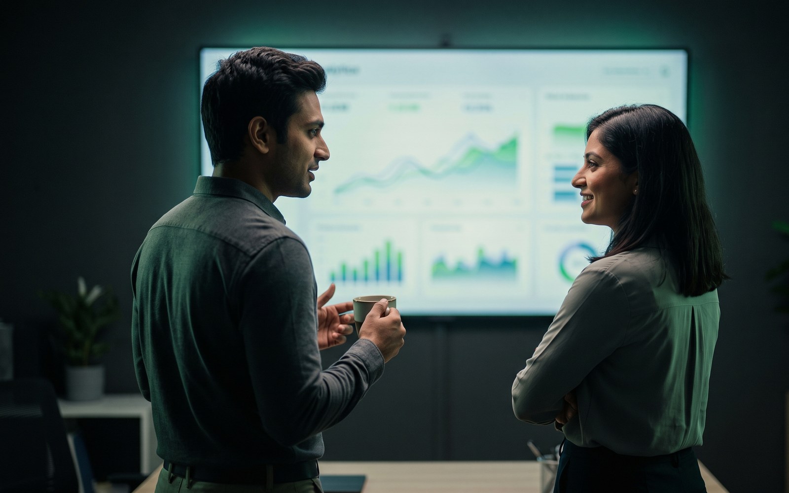 Two marketers talking in front of a large campaign dashboard