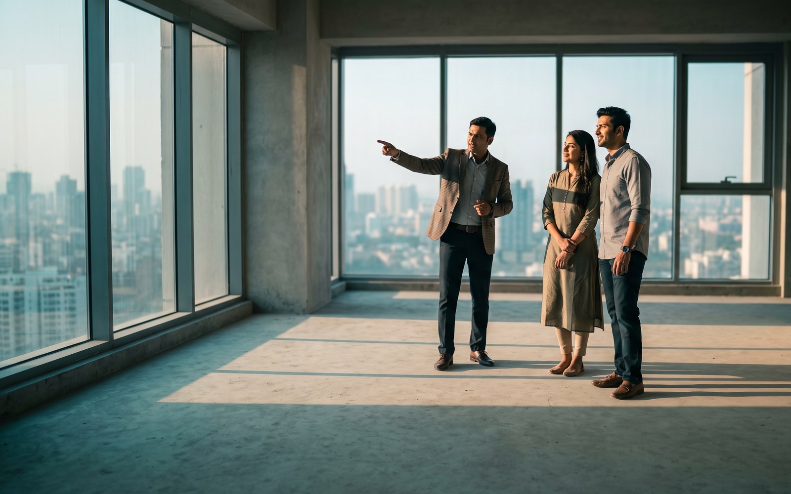 A property consultant showing a couple the view from an empty new apartment