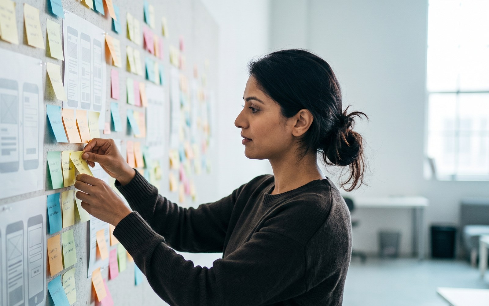 A designer rearranging sticky notes on a wall of printed wireframes
